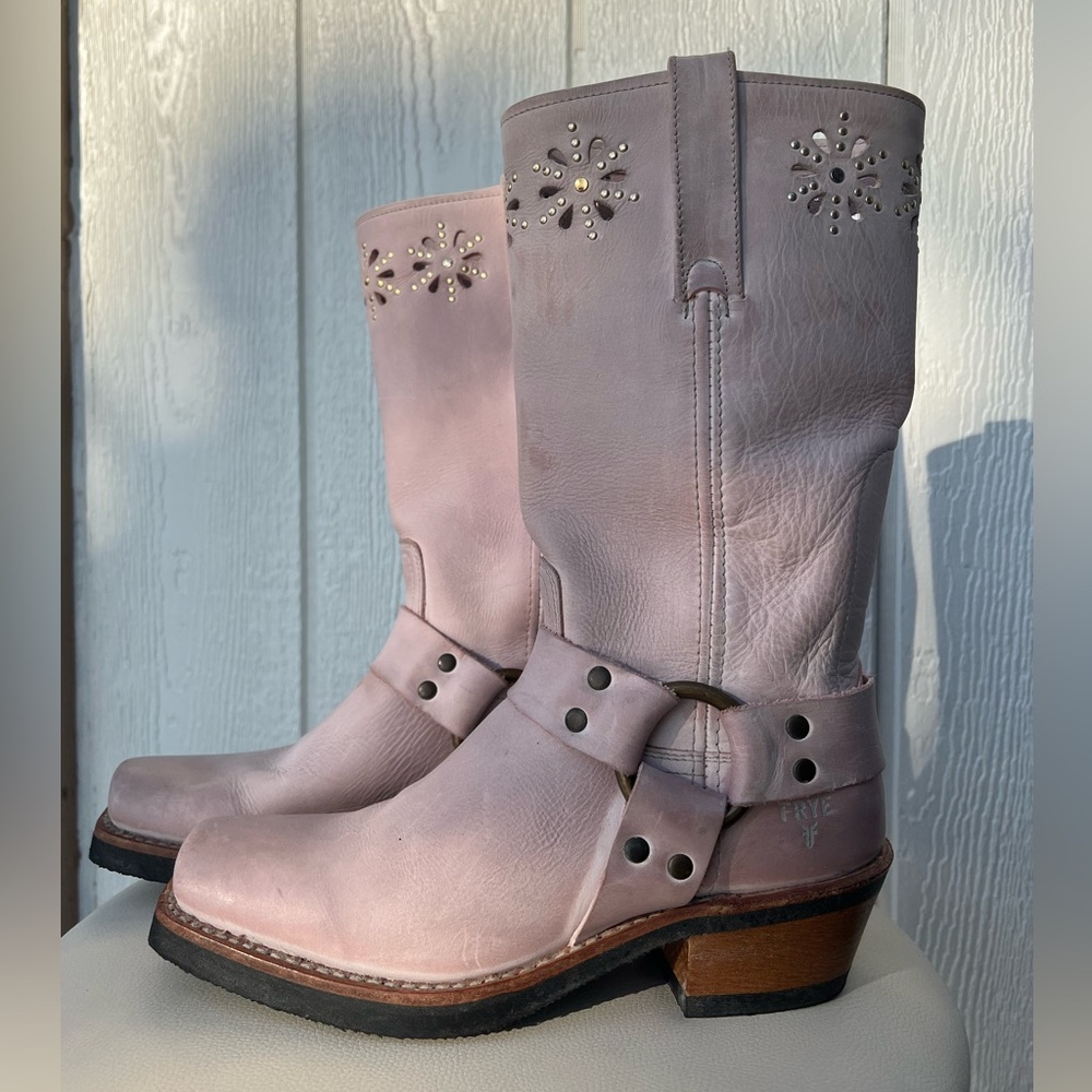 Frye Pale Pink Cowboy Boots Leather Harness